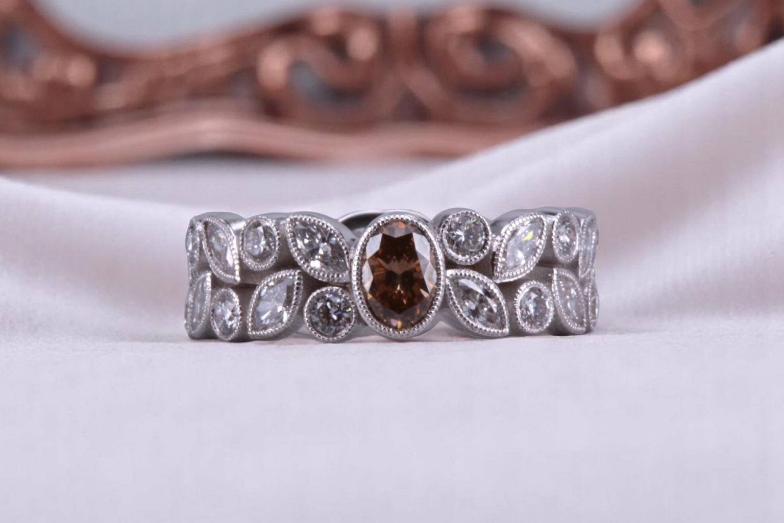 Non-traditional rootbeer diamond floral ring for couples in La Mesa