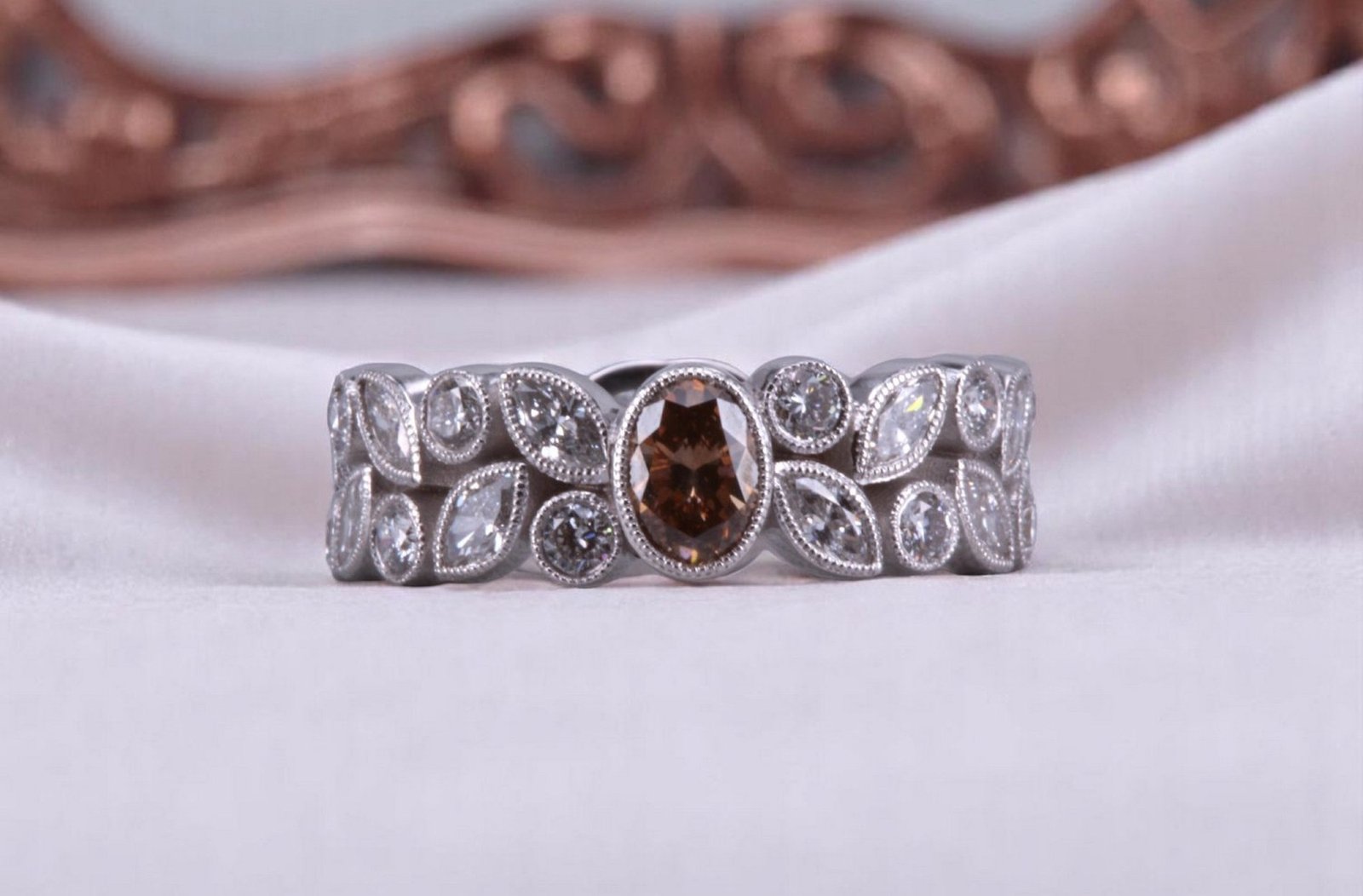 Non-traditional rootbeer diamond floral ring for couples in La Mesa